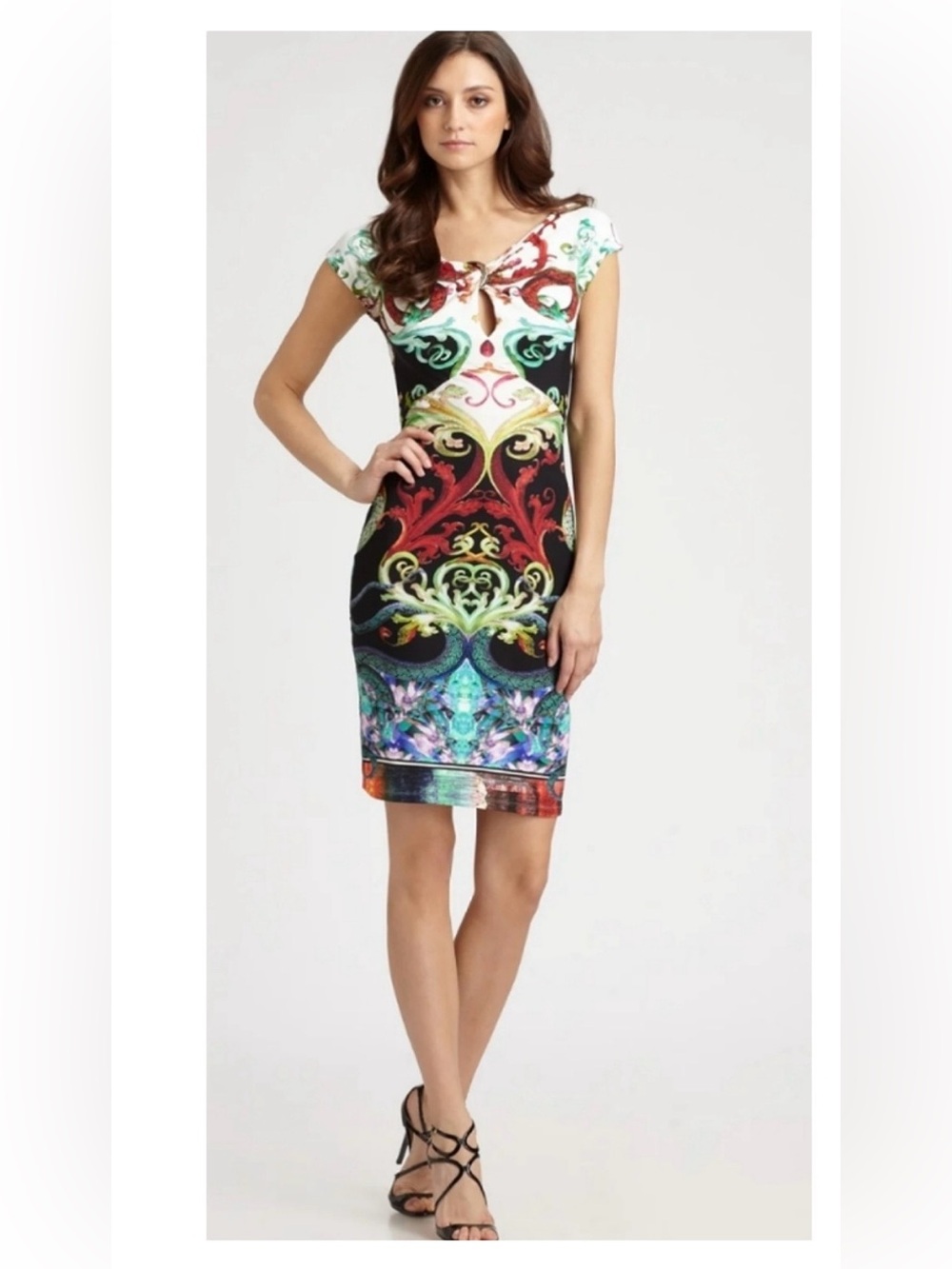 Roberto Cavalli Multicolor Baroque-Print Midi Dress in Black, Red & Teal